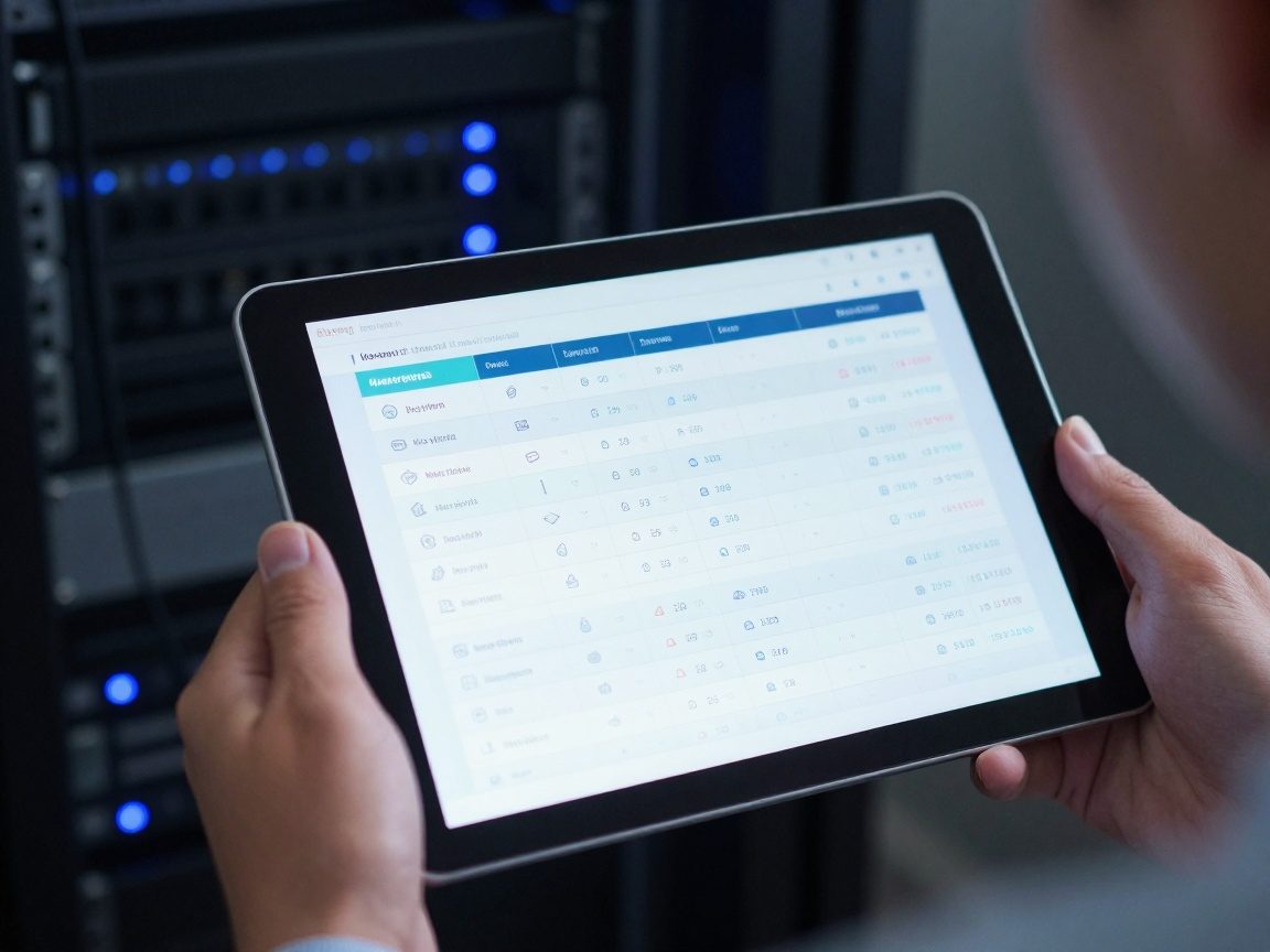 Close‑up of technician’s hands holding a tablet that shows a data catalog grid with database tables, icons for data type and quality score, reflecting office lights; background server rack emits blue LEDs.