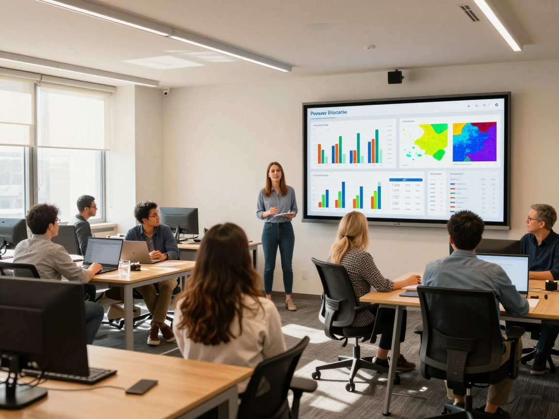 Facilitator stands before a large screen showing interactive Power BI dashboards while diverse employees work at modular desks in a bright open office