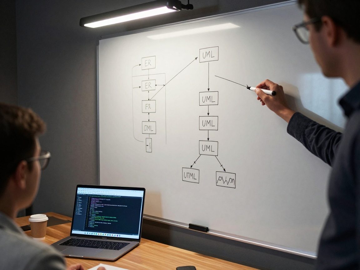 Close‑up editorial photo of a whiteboard filled with ER diagrams and UML models, a facilitator highlighting relationships with a magnetic marker while analysts observe; a laptop displays SQL code beside the board under focused LED lighting.