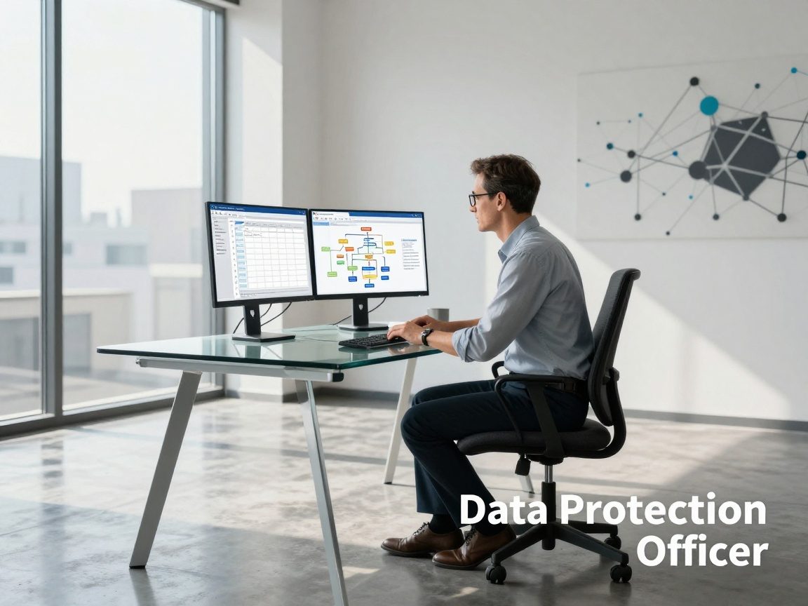 A mid‑career Data Protection Officer sits at a sleek glass desk with dual monitors showing a data flow diagram and compliance checklist, in a modern office bathed in daylight.