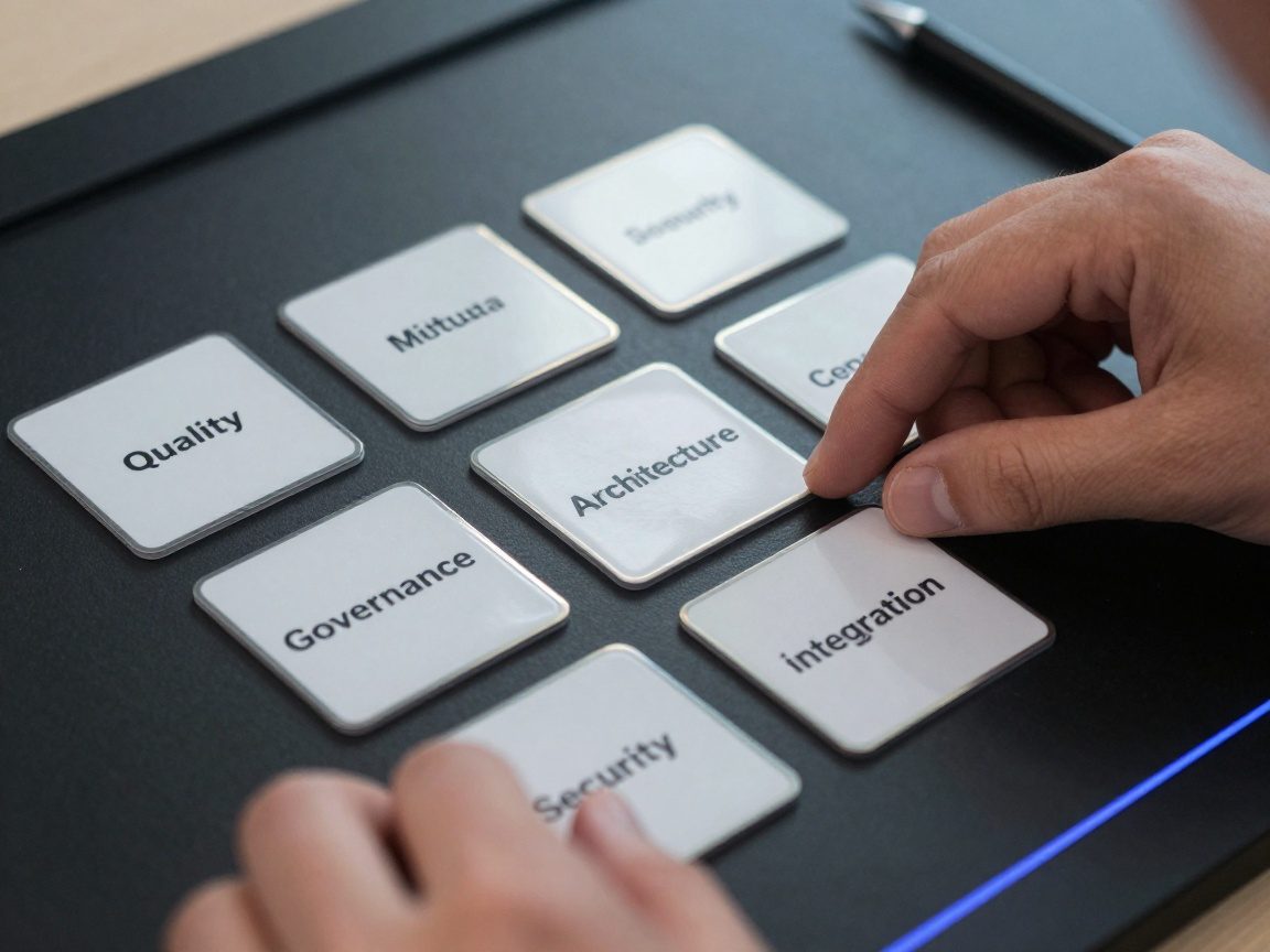 Close‑up of a consultant’s hands arranging glossy labeled data cards on a matte black board, each card representing a digitization pillar such as quality, metadata, architecture, governance, security, and integration.
