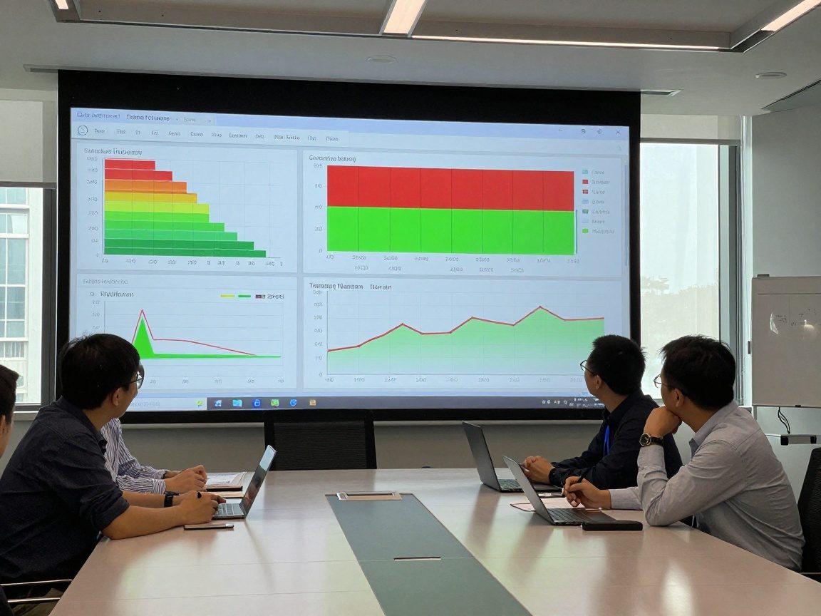 Wide-angle view of a polished conference room with engineers around a table, viewing an interactive Tableau dashboard projected onto a glass screen featuring stacked bar charts, heatmaps, and time-series graphs under natural daylight.