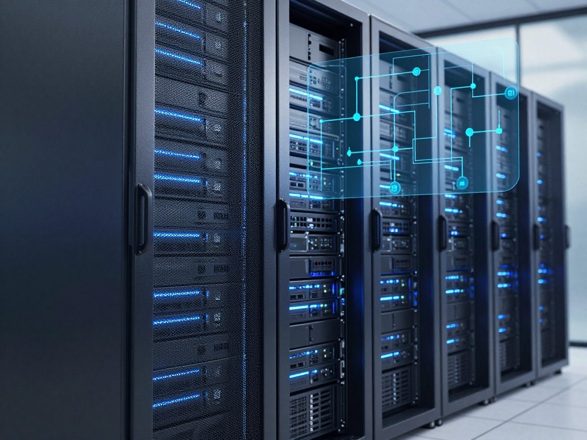 Photorealistic image of a sleek server rack illuminated by blue LED lights, foreground shows polished metal door, background displays humming servers, translucent ER diagram floats above.