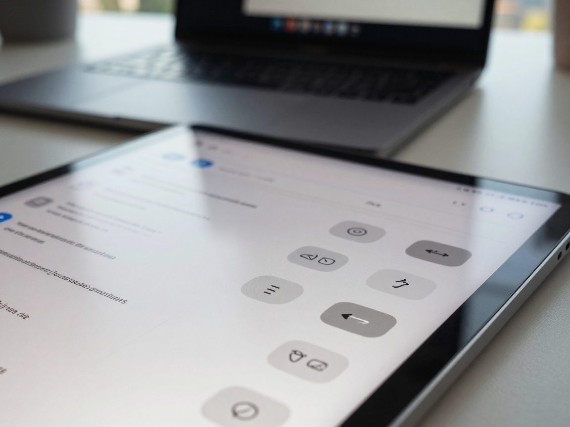 Close‑up of tablet screen displaying a detailed prototype with smooth micro‑interactions and subtle shadows, set against a blurred office desk with an open laptop showing a competitor app.