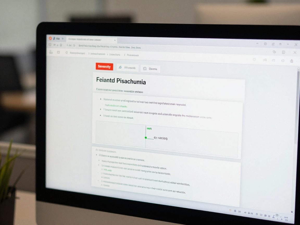 Close-up of a computer monitor displaying a Jira ticket interface with a concise title, red severity badge, and embedded screenshot of a failed test case in the description, set against a blurred office background.