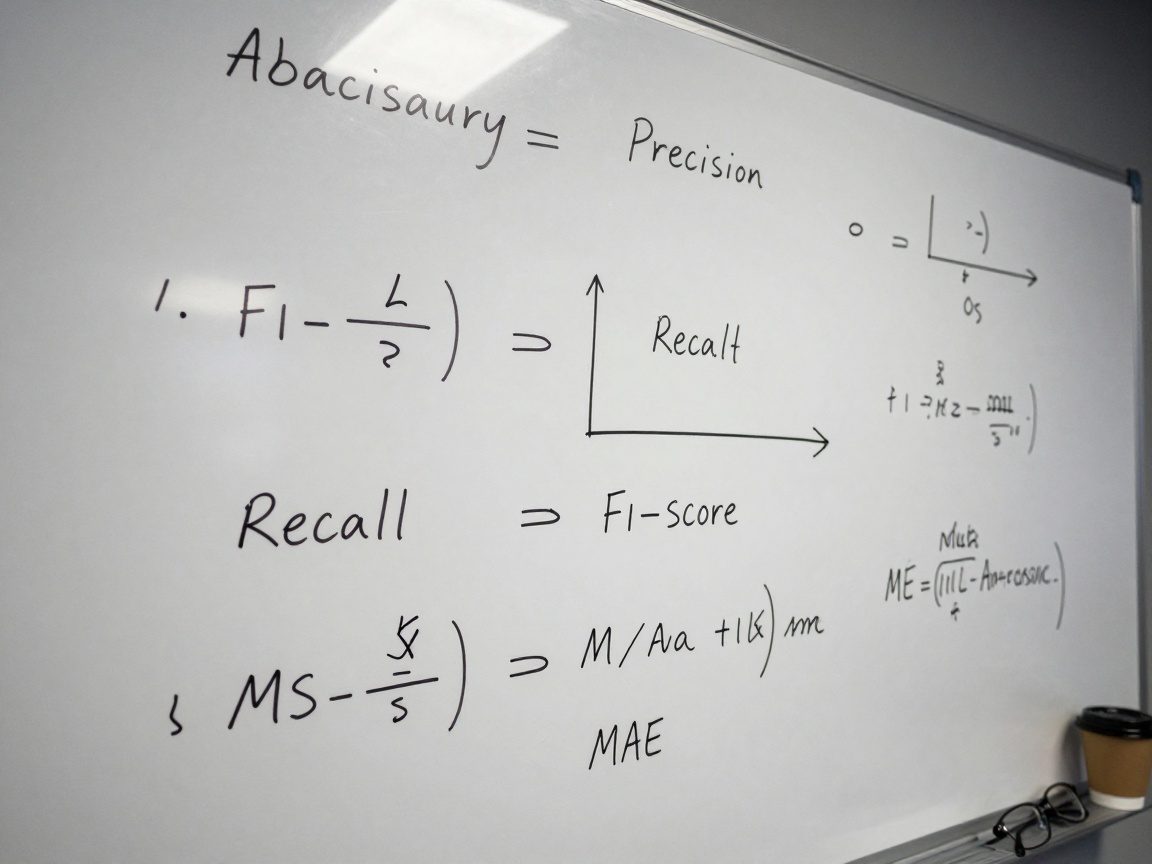 Close‑up of a whiteboard filled with handwritten formulas for accuracy, precision, recall, F1‑score, MSE, and MAE under a single overhead lamp, with glasses and coffee beside it.