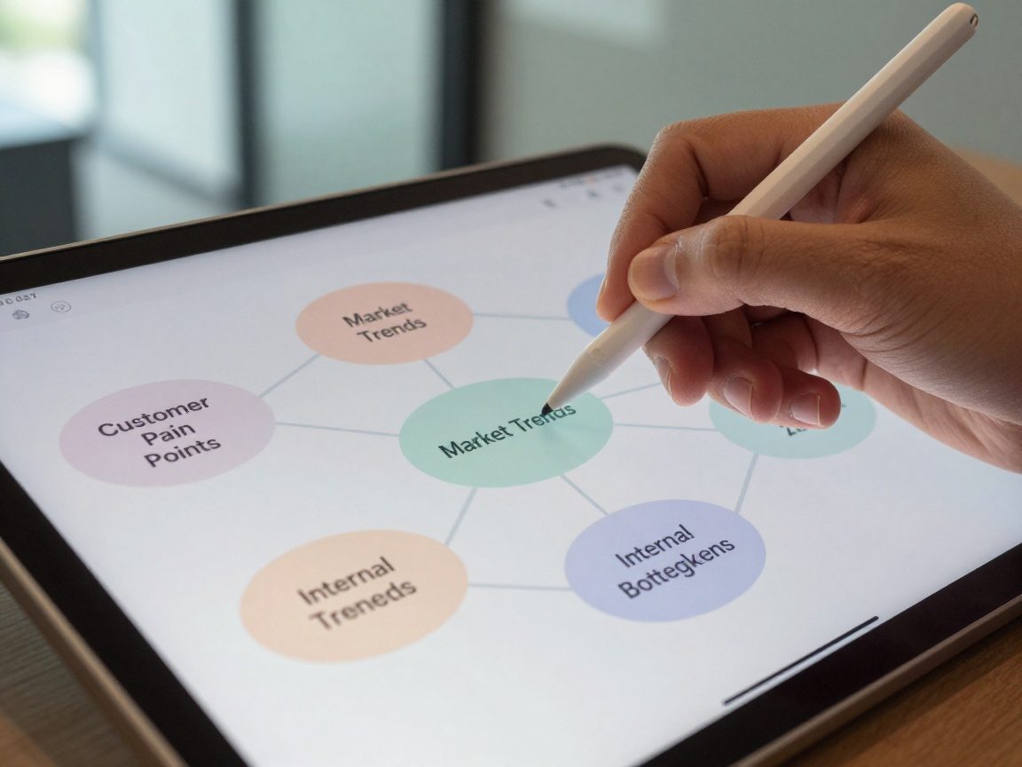 Close‑up of a hand holding a stylus over a digital tablet displaying a mind‑mapping interface with nodes labeled 'Customer Pain Points,' 'Market Trends,' and 'Internal Bottlenecks' in pastel colors, set against a blurred corporate office background.