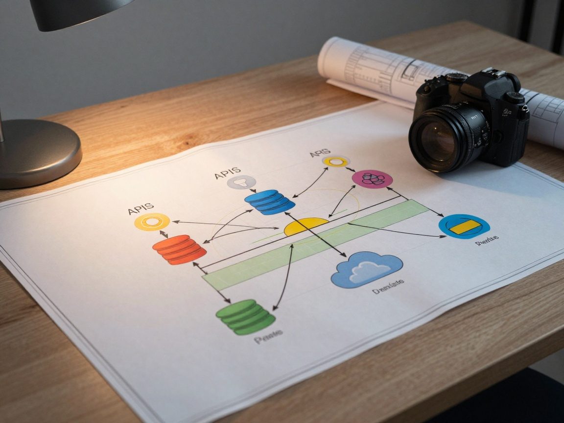 Medium shot of an architect’s desk featuring a laminated blueprint with vibrant, layered system architecture diagrams including APIs, databases, and cloud services connected by arrows, captured in high‑quality DSLR detail.