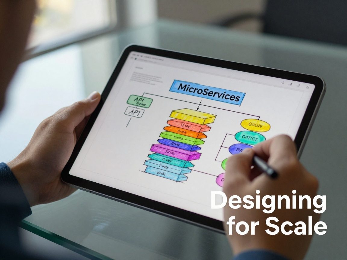Close‑up of a Head of Development’s hands drawing a layered microservices diagram on a digital tablet, with API gateways and database clusters in bright colors, set against a blurred office backdrop illuminated by natural daylight.