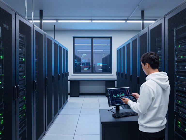 Wide-angle view of a dusk-lit data center floor with blue LED strip lighting, humming servers, green status LEDs, a control room window, and a DevOps engineer in a white hoodie holding a tablet showing real-time metrics.