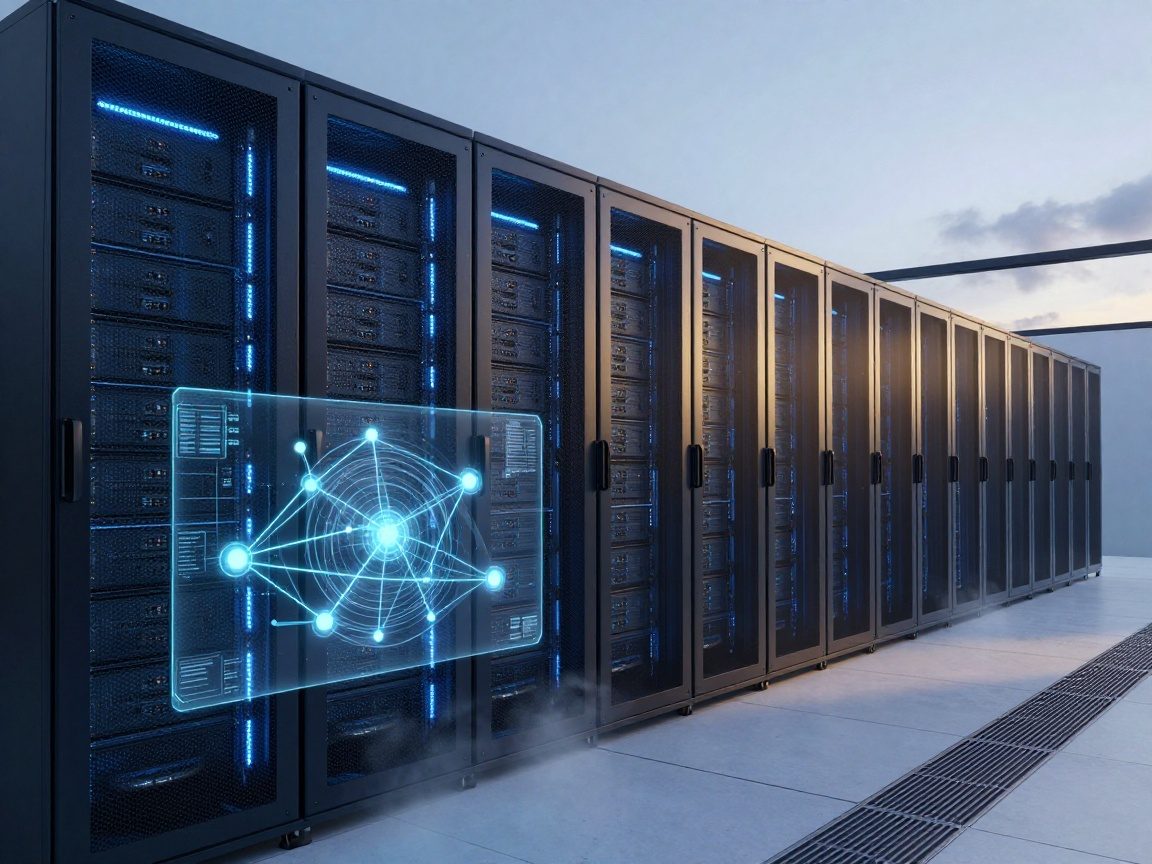 Photorealistic wide‑angle view of a modern data center interior with gleaming server racks illuminated by soft blue LED strips, a translucent glass wall displaying a holographic network topology map, and subtle mist rising from floor vents.