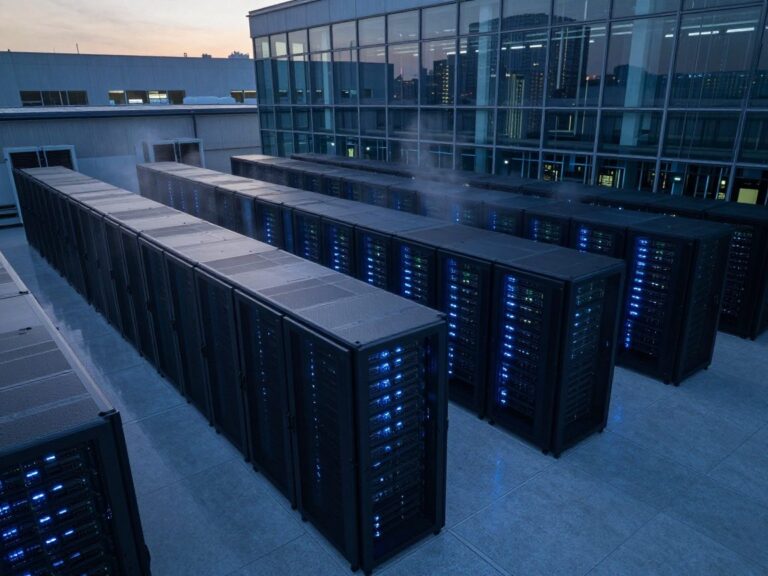 Wide-angle photorealistic view of a modern data center with rows of server racks lit by soft blue LED strips, glass walls reflecting city skyline, mist from cooling units, and polished concrete floors.