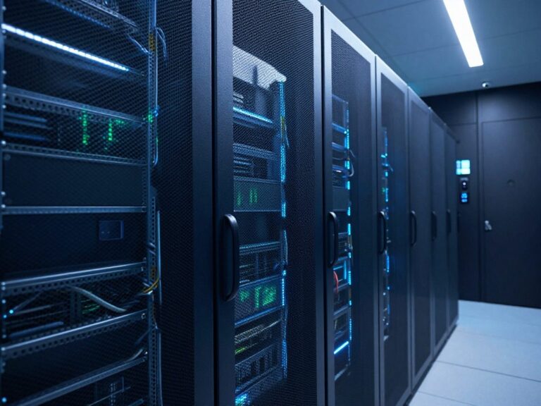Photorealistic wide‑angle shot of a server rack in a glass‑walled data center, illuminated by soft blue LEDs and featuring intricate cable management, heat‑sink fins, and translucent green holographic overlays of encrypted data streams.