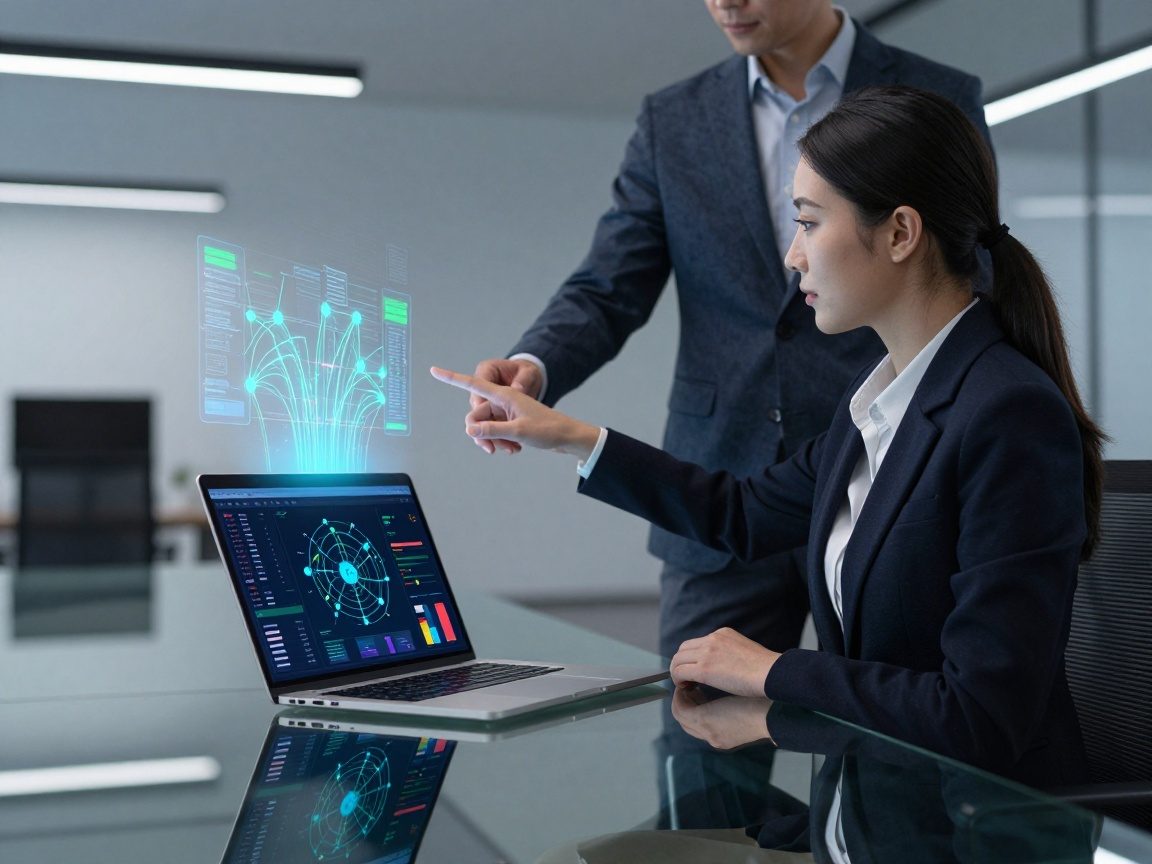 A sleek glass conference table with an open laptop showing a data integration dashboard; a Project Manager in business attire points to holographic data streams rising from the screen, set in a modern office with cool LED lighting.