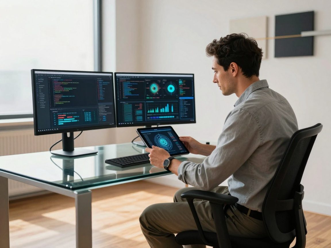 Photorealistic image of a mid‑career digitization consultant seated at a glass desk with dual monitors showing data dashboards and code snippets, focused on a tablet displaying a 3D data model, illuminated by soft daylight from a large window.