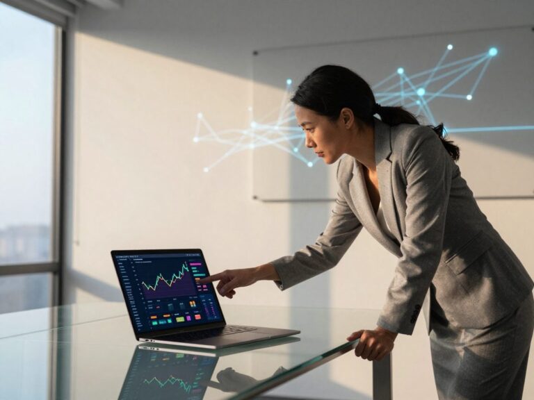 A modern office with a glass desk, open laptop showing colorful data dashboard; a mid‑30s woman points at a trend line while abstract digital art decorates the wall.