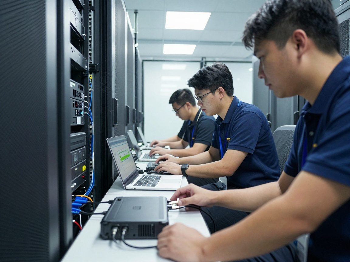 Two technicians in a brightly lit server room conduct a disaster recovery drill, one connecting a portable backup device via USB while the other monitors a laptop displaying a progress bar.