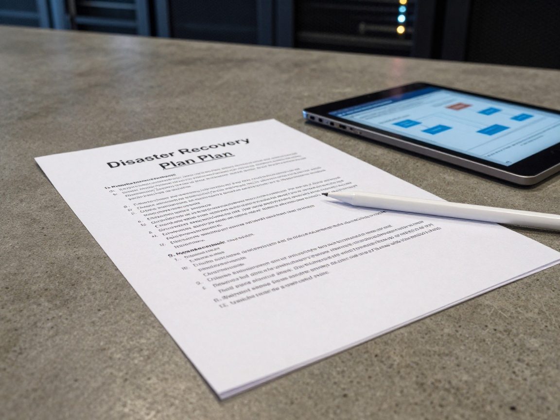 Close-up of a crisp white disaster recovery plan document laid flat on polished concrete, with a stylus poised over highlighted text; beside it a digital tablet displays a backup flowchart under soft LED lighting.
