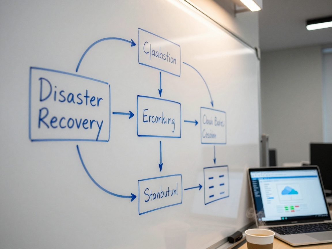 Close-up of a whiteboard covered in blue marker flowcharts for disaster recovery, beside a laptop displaying a cloud backup dashboard; soft LED lighting and a steaming coffee cup add warmth.