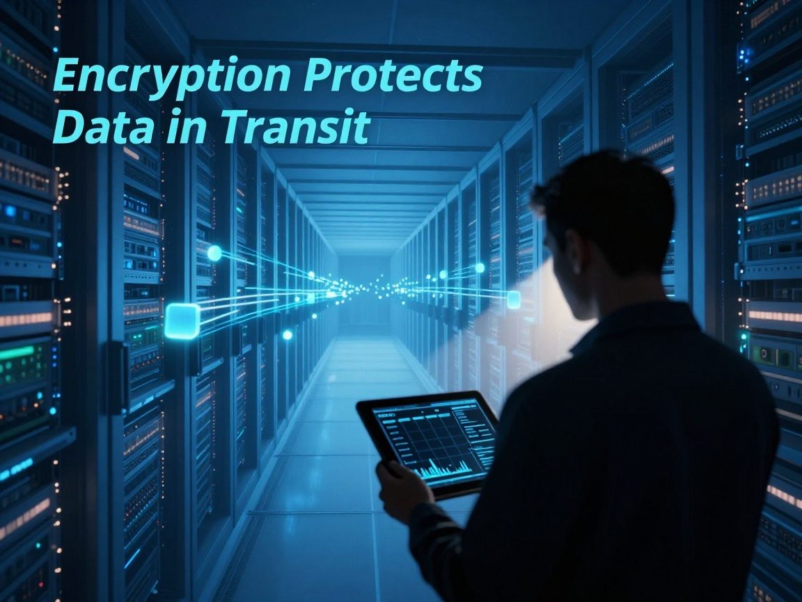 A security engineer silhouette holds a tablet while standing before a translucent blue tunnel between two data centers, glowing nodes representing encrypted packets travel through the corridor.