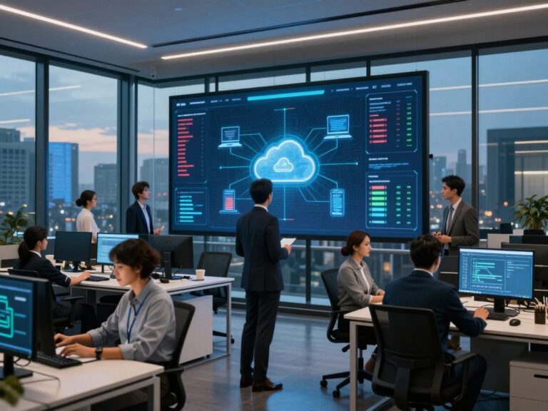 A diverse team of IT security analysts in smart business attire gather around a large digital screen displaying real‑time threat indicators and endpoint icons connected to a central cloud symbol, set against a modern office floor at dusk with LED strip lighting.