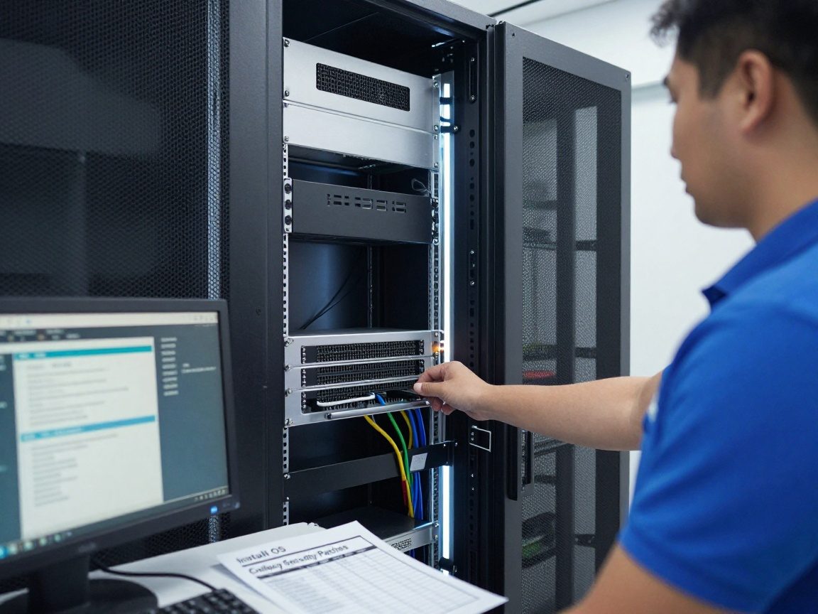 Technician in blue polo adjusts a rack unit in a clean server room, with labeled cables, LED lighting, and a monitor displaying configuration settings; a checklist on the table reads "Install OS, Configure Network, Deploy Security Patches."