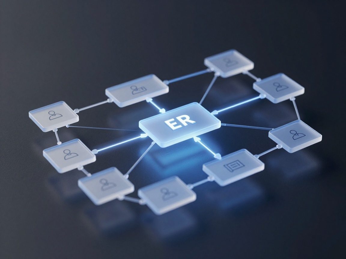 A highly detailed translucent 3D entity‑relationship diagram hovering over a dark matte surface, featuring semi-transparent rectangles for entities, glowing curved lines for relationships, and embedded icons for user, product, and order, illuminated by soft blue light from below.