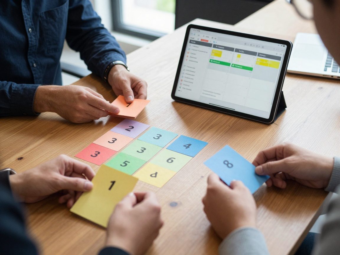 Team members sit around a wooden table holding colored index cards for story points, while a digital tablet displays a Kanban board in natural daylight.