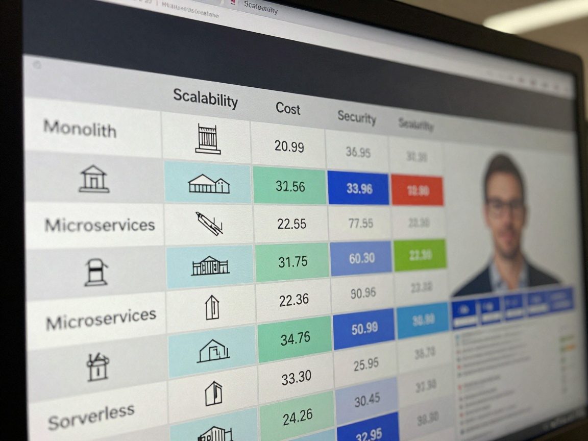 Close-up of a high-definition screen displaying a comparison matrix for architectural options (Monolith, Microservices, Serverless) across criteria like Scalability, Cost, and Security, with crisp icons, color-coded scores, and a faint reflection of the team leader’s profile on the surface.