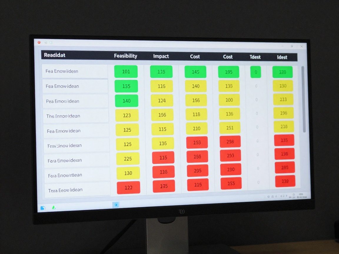 Close-up of a monitor displaying an interactive decision matrix grid with rows of candidate ideas and columns for feasibility, impact, and cost; color-coded cells in green, yellow, and red highlight scores, framed by a sleek metal stand against a dark matte wall.