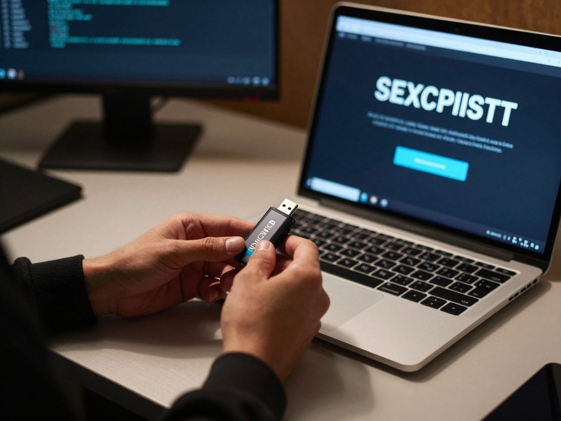 A pen tester’s hands hold a custom‑case USB flash drive beside an open laptop displaying a successful exploit banner, spotlight highlighting the scene.