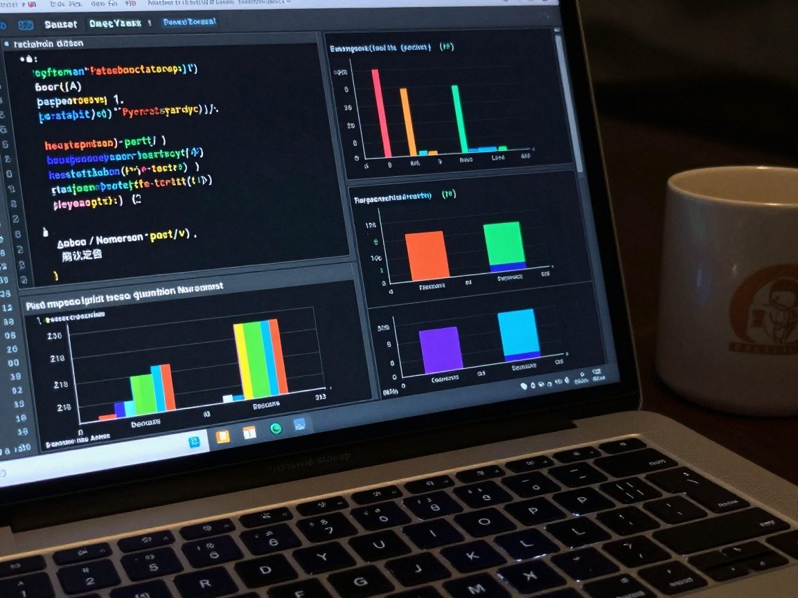 Laptop screen shows Jupyter Notebook with colorful seaborn pairplot, histograms, and boxplots on a dark theme; keyboard keys glow subtly, coffee mug beside the screen under soft studio lighting.