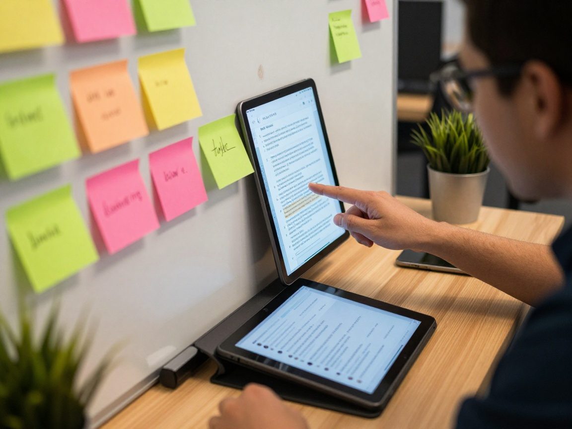 Team members gather around a whiteboard with colorful sticky notes and a digital tablet displaying live chat, pointing at a shared knowledge article; faint fingerprints on wood table surface under ambient office lighting.