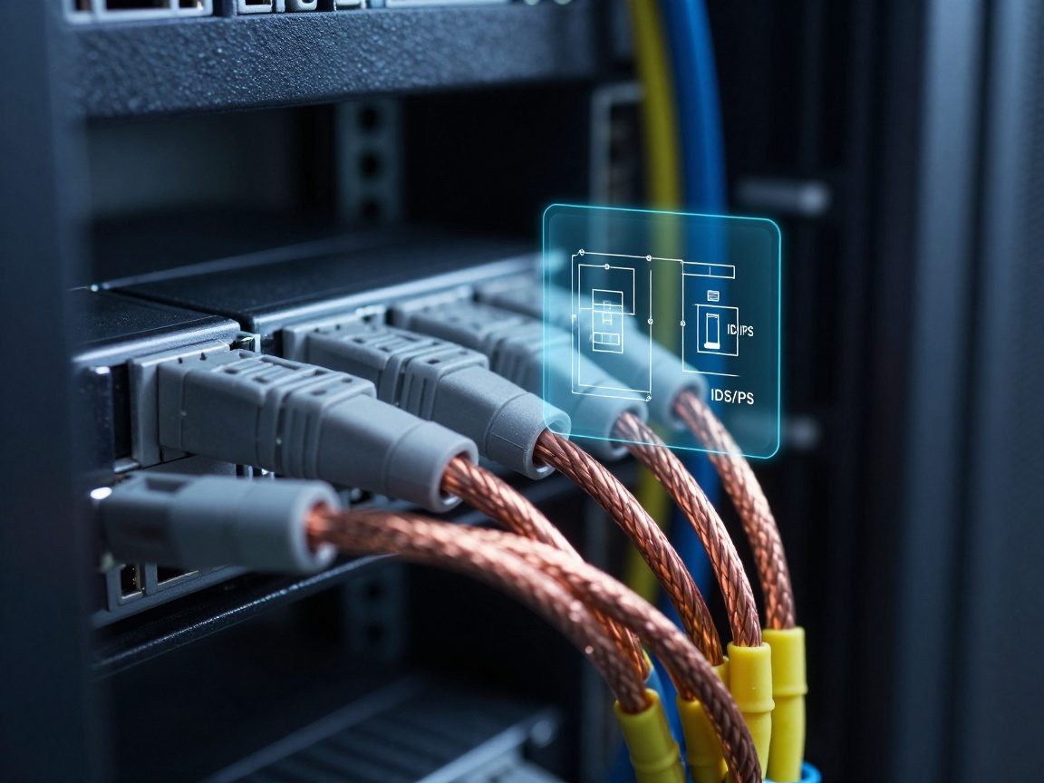 Close‑up of neatly bundled braided copper cables in a server rack, color‑coded sleeves visible, overlaid with a translucent blue schematic of firewall rules and IDS/IPS sensor placement.