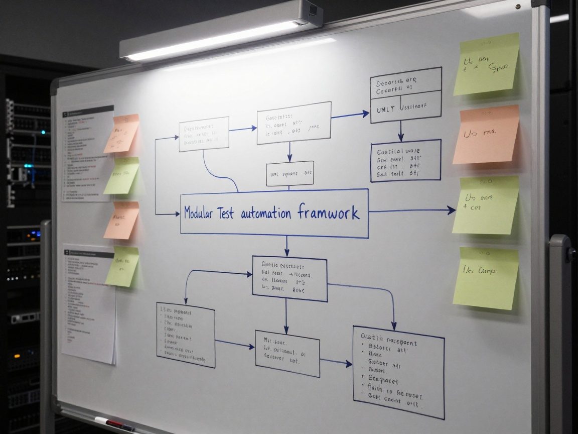 Close‑up of a whiteboard with detailed flowcharts and UML diagrams showing a modular test automation framework, illuminated by an overhead LED and accented with pastel sticky notes.