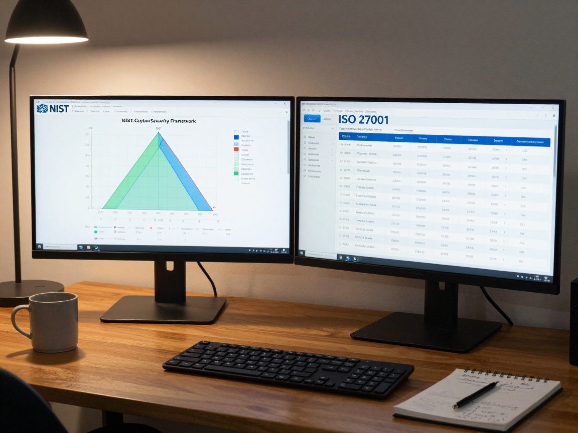 Medium shot of an architect’s desk with two monitors side‑by‑side, one displaying the NIST Cybersecurity Framework risk matrix and the other showing an ISO 27001 compliance checklist. Soft ambient lighting from a floor lamp casts gentle shadows on polished wood, while a coffee mug and handwritten notepad add a human touch.