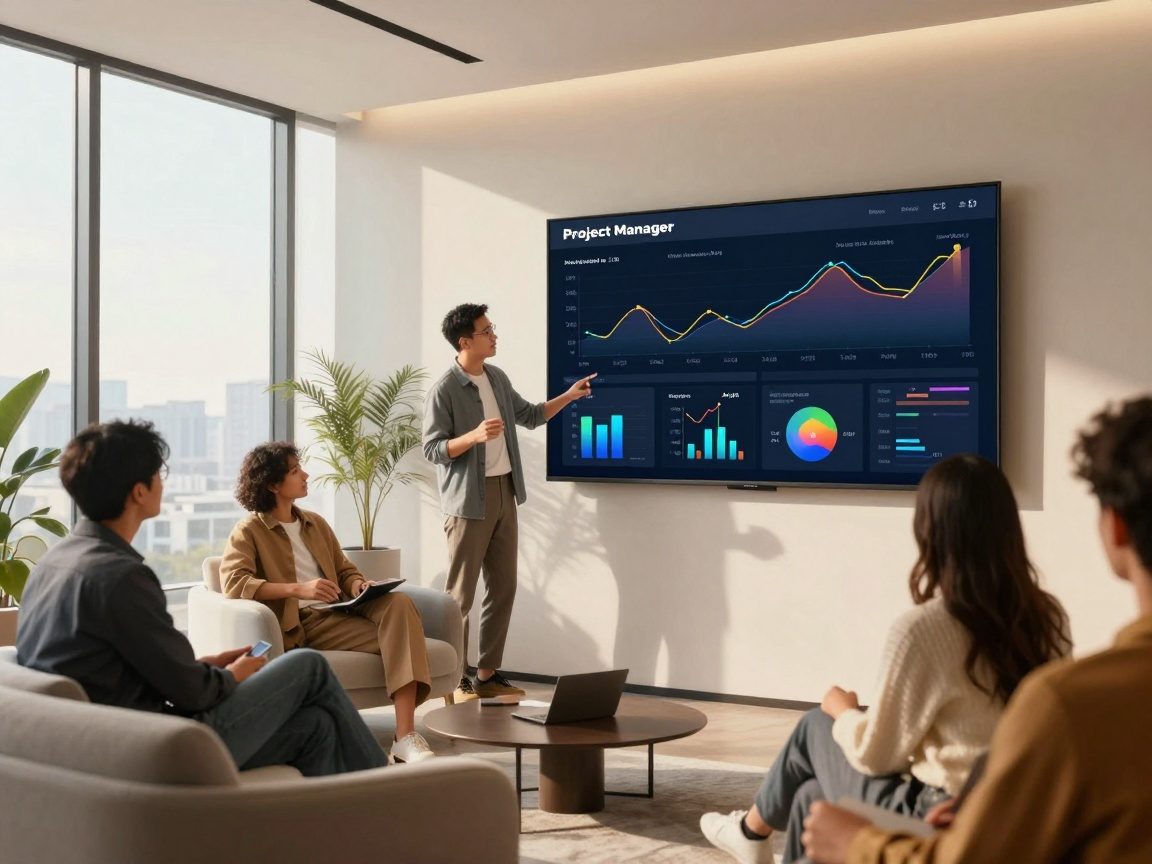 Modern office lounge with a Project Manager displaying an interactive analytics dashboard on a wall-mounted tablet; team members engage via touch gestures under natural daylight.