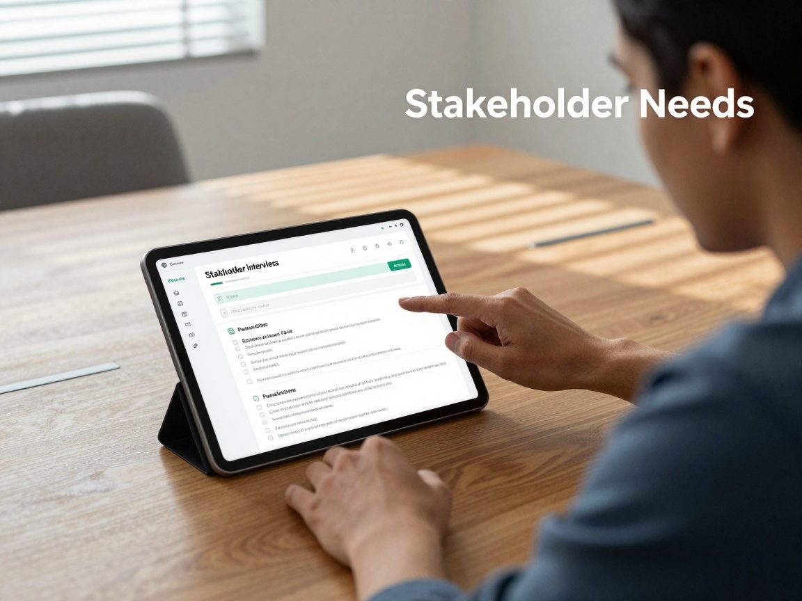 Medium shot of a team leader and client leaning over a digital tablet displaying a stakeholder interview form with checkboxes and notes in a modern meeting room at midday, natural daylight filtering through blinds.