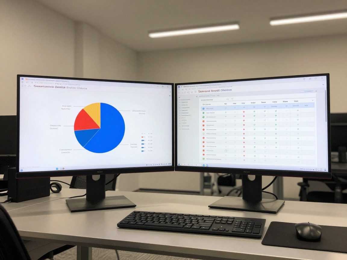 Wide-angle view of two monitors on a sleek metal desk: one shows a pie chart of data ownership, the other displays a compliance checklist with checkmarks and red alerts, surrounded by minimalist office lighting.