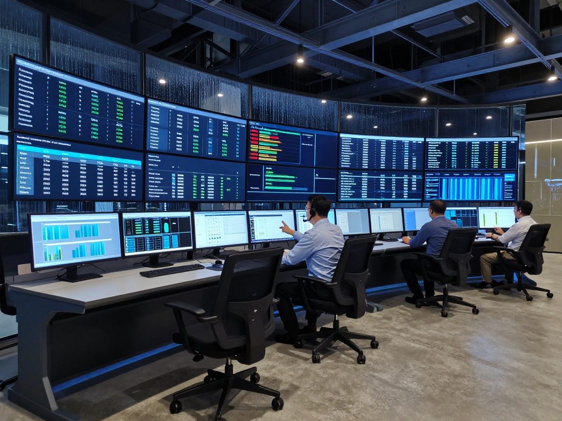Wide-angle view of a modern control room featuring curved monitors displaying compliance metrics and data quality percentages, with a consultant in a headset gesturing toward a highlighted security alert on one screen; ambient blue LED lighting and subtle rain-effect overlay accentuate the high-tech industrial chic environment.
