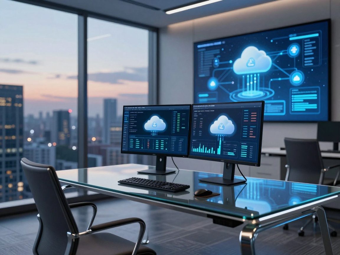 Photorealistic image of a modern executive office with a glass desk, dual monitors showing cloud dashboards, LED blue lighting, and a wall screen displaying moving cloud icons over a city skyline at dusk.