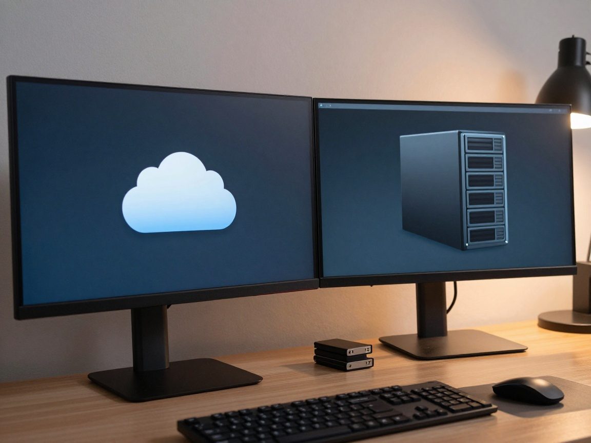 Medium shot of dual monitors displaying a cloud icon on one screen and an on-premises server diagram on the other, framed by a sleek black stand with ambient warm lighting.