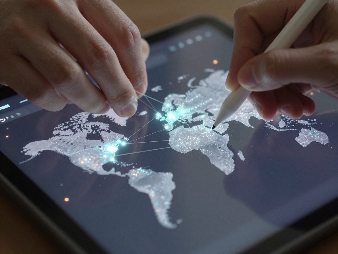 Close-up hand holding a stylus over a transparent tablet screen displaying an interactive map of global tech hubs with glowing nodes for AI, blockchain, and quantum computing clusters connected by thin light lines.