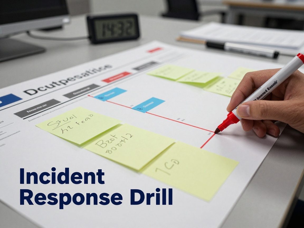 Close‑up of a tabletop exercise board on a matte gray surface, featuring colored markers, sticky notes outlining breach containment steps, a finger placing a red marker on a timeline, ambient office lighting, and a digital clock showing 14:32.