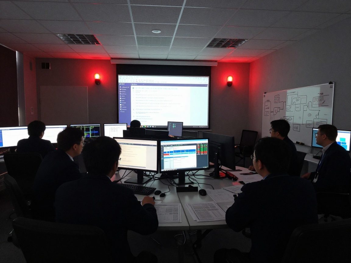 Wide‑angle view of an incident response drill room with multiple monitors displaying live security dashboards, forensic timelines, and a countdown timer; engineers in dark suits gather around a table with printed logs and a whiteboard filled with flowcharts under dim red emergency lighting.