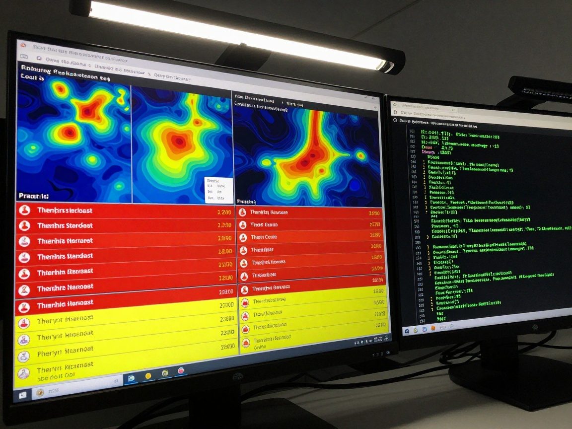 Photorealistic close‑up of a multi‑monitor setup showing a live security monitoring dashboard with alerts, threat heat maps, and incident timelines in vibrant colors; secondary monitor displays scrolling green terminal logs on black background.