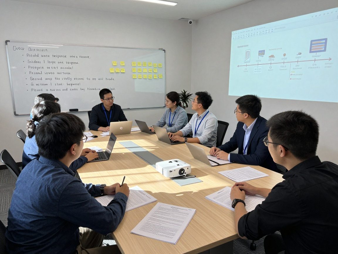 Wide-angle view of IT staff gathered around a conference table, whiteboard listing incident response steps, sticky notes and playbooks on the table, natural daylight from skylight, projector displaying incident timeline slide.
