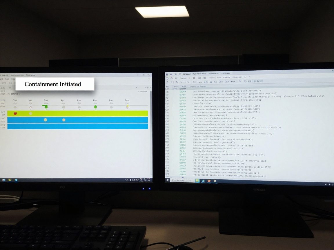 Dual‑monitor forensic workstation showing an incident timeline with timestamps and event icons on one screen, while the other displays a detailed log file with highlighted entries; a small overlay reads "Containment Initiated" in Calibri.