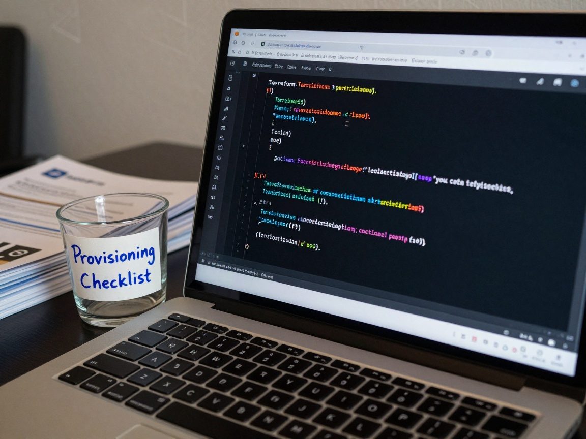 Close-up of a laptop screen showing Terraform code in dark theme, surrounded by cloud service brochures and a glass cup with handwritten note "Provisioning Checklist"; sharp left-side lighting casts shadows on keyboard.