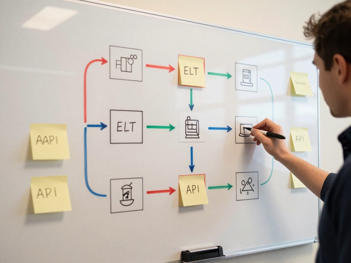 Medium‑shot of a whiteboard filled with flowcharts and sticky notes, colored arrows connecting ETL, ELT, API, and virtualization icons, marker holder on edge, natural daylight casting gentle shadows.
